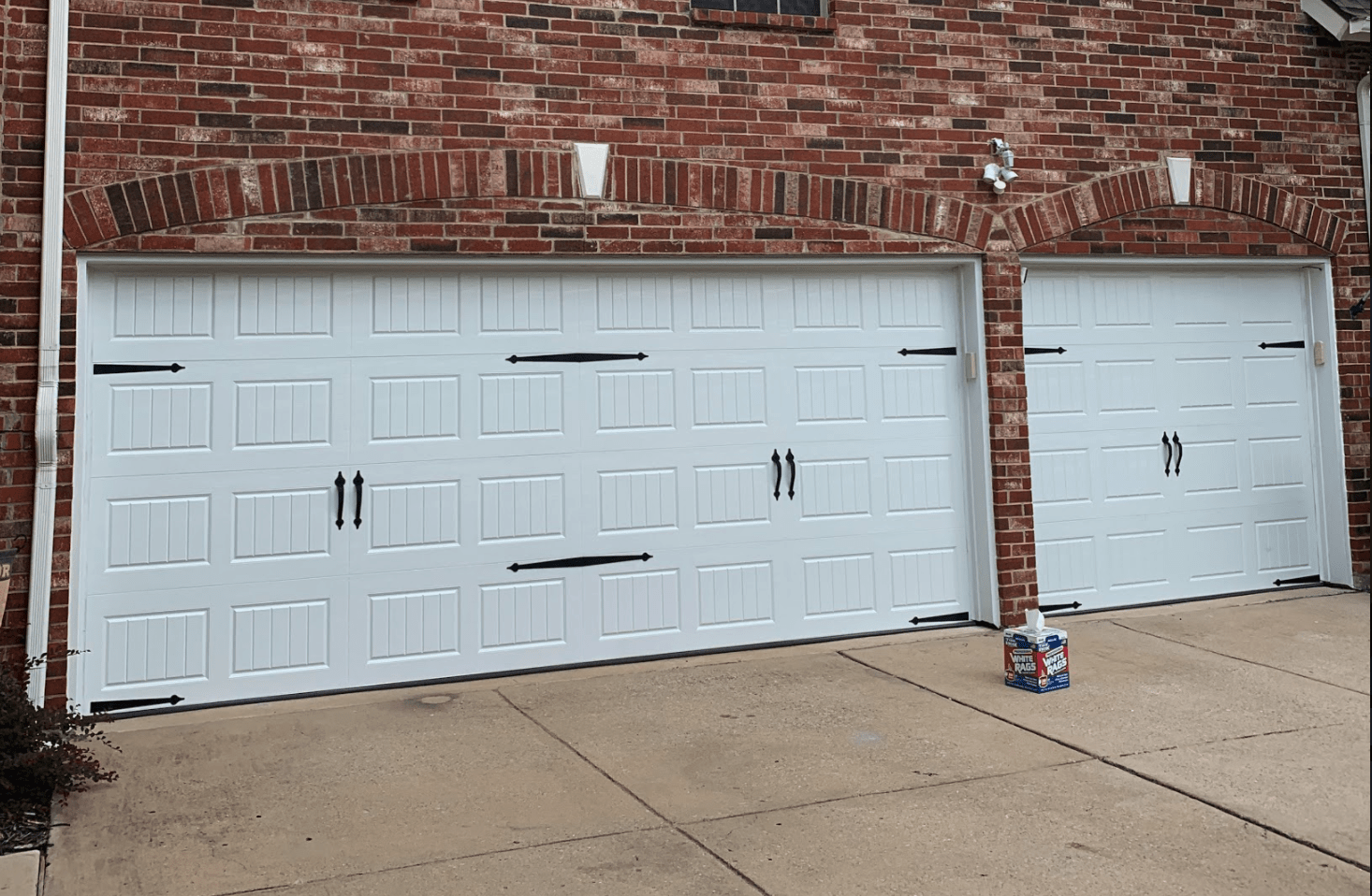 White Carriage Garage Doors with Decorative Hardware - Keller TX
